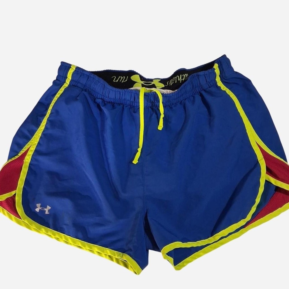 Womens Under Armour blue running shorts with neon yellow and red trim